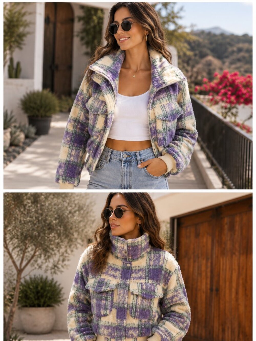 Vigoss Purple Green Plaid Faux Fur Bomber Jacket Size Small, NWT